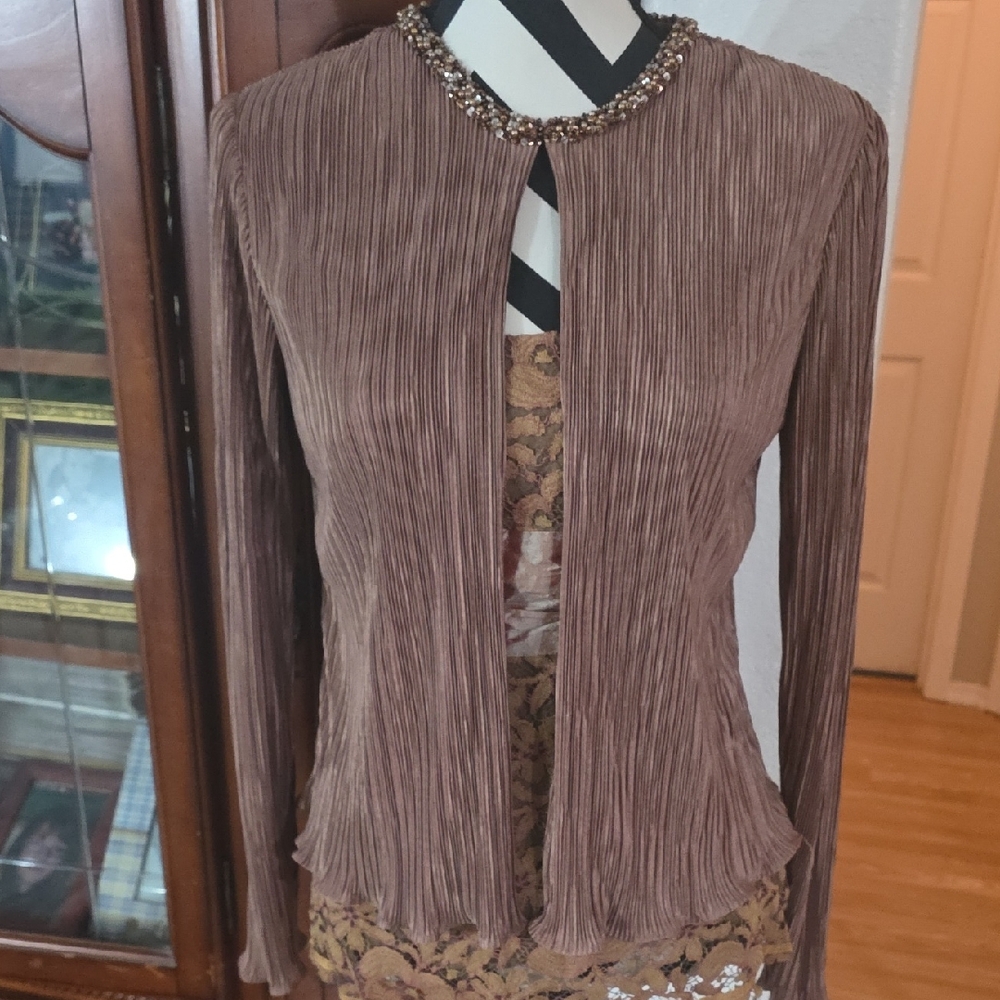 Cachet  Copper Brown Pleated Blazer with Embellished Collar